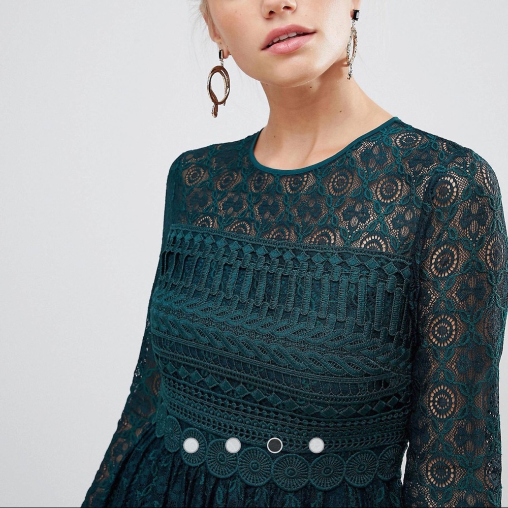Forest Green Lace Long Sleeve Skater Dress by ASOS